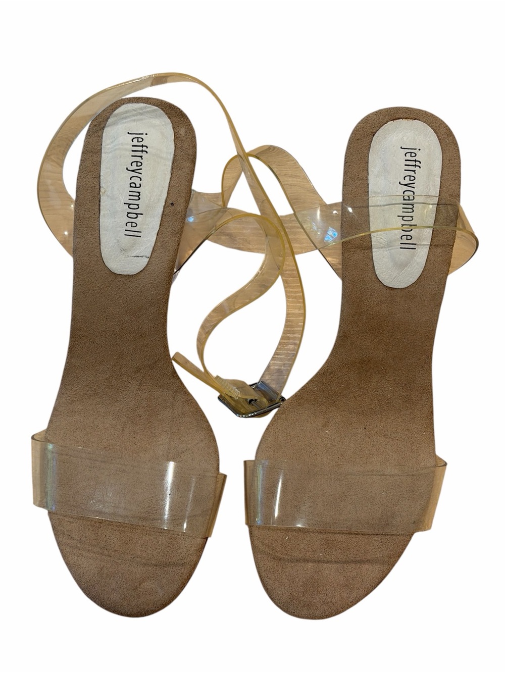 Jeffrey Campbell Clear Vinyl Strap Tan Suede Heels